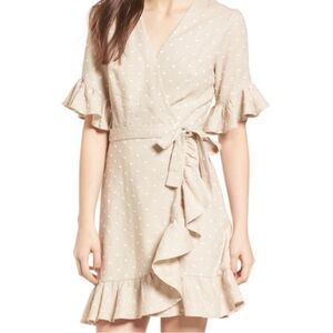 WAYF Ruffle Wrap Beige Polka Dot Fabric Dress
